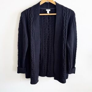 L.L. Bean black cable knit chunky 100% cotton open front cardigan sweater sz L